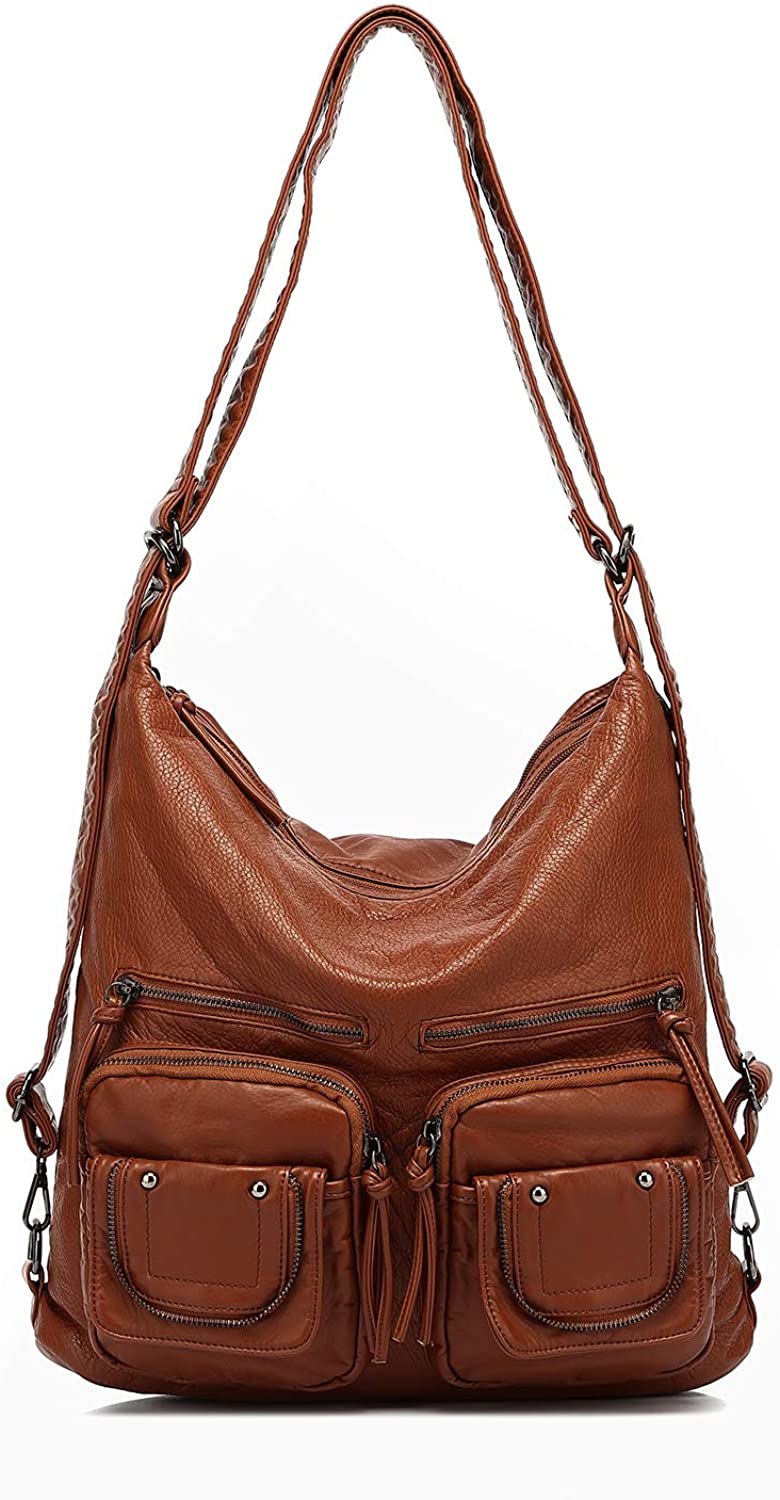 Price:$36.99    Soft Washed Leather Hobo bag, Multiple Pocket Shoulder Bag, Crossbody Purse Bag, Hobo Travel Purse Tote Bag 201904 BROWN  Clothing