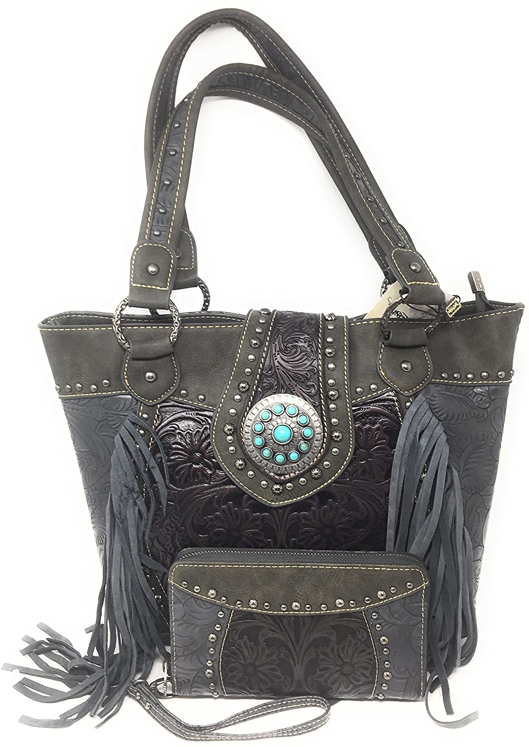 Price:$59.99    Conceal Carry Bag Floral Leather Purse With Matching Wallet (Grey w/wallet)  Clothing