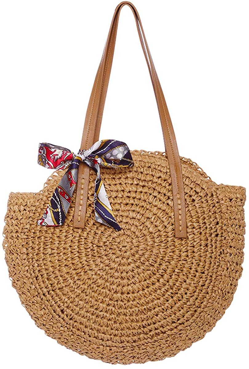 Price:$30.99    Women Round Straw Bag Large Summer Beach Straw Tote Bag Woven Purse Handle Shoulder Bag for Women Vocation Handbags  Clothing