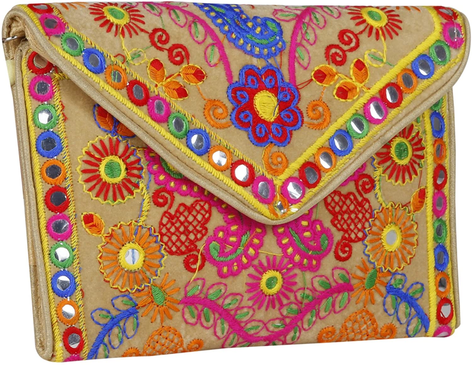 Price:$8.99 Cute Rajasthani Sling Bag, Foldover Clutch, Hand Bag, Shoulder Bag & Cross Body Bag for Women & Girls (Beige Color)  Handbags   