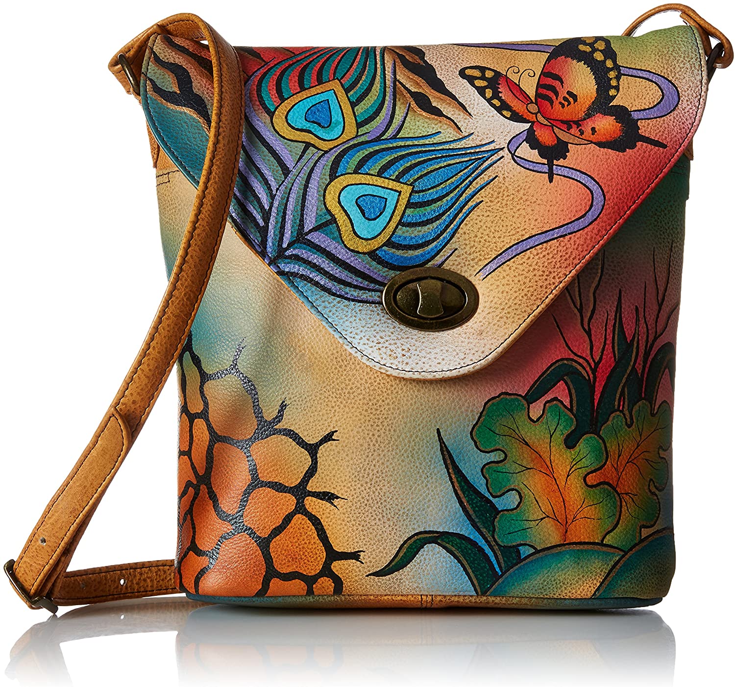Price:$189.00 Anna by Anuschka Genuine Leather V-Shap Flap Crossbody Bag | Hand-Painted Original Artwork | Peacock Collage  Handbags   