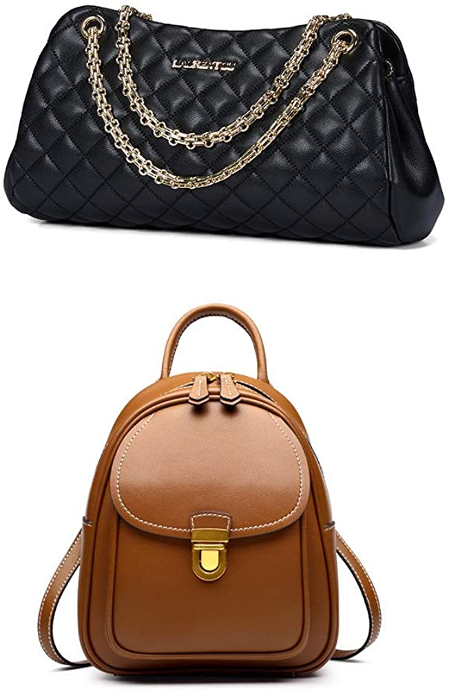 Price:$122.18    LAORENTOU Women's Leather Quilted Handbags, Shoulder Bag with Chain-strap & Leather Mini Backpack, Casual Daypack 2 Pcs Set,  Clothing