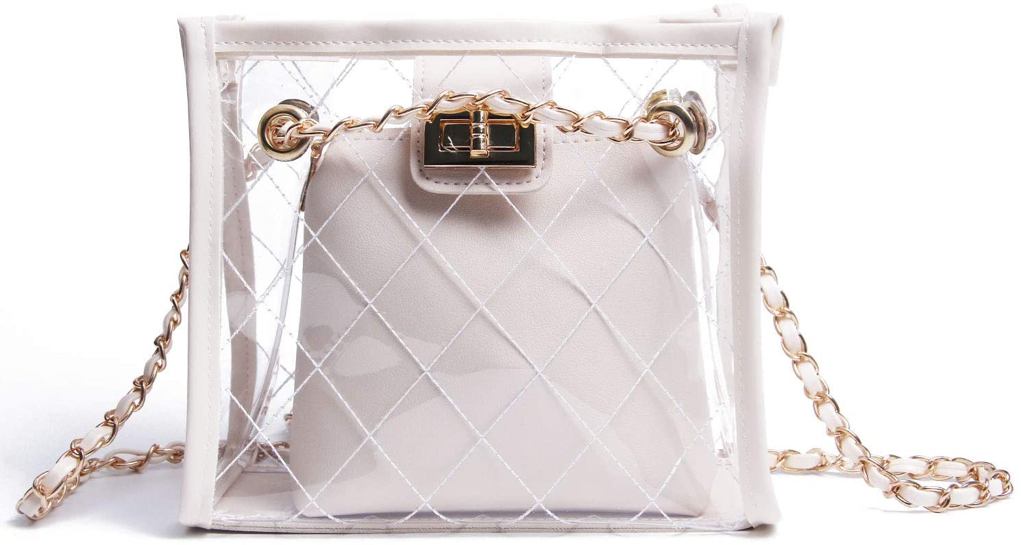 Price:$17.99    SUKUTU Girls 2 in 1 Clear Chic Summer Transparent PVC Crossbody Purse Shoulder Bag Purses with Golden Chain  Clothing
