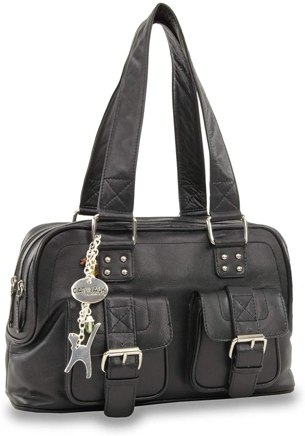 Price:$72.95 Catwalk Collection Handbags - Women's Leather Top Handle/Shoulder Bag - CAROLINE - Black  Handbags   