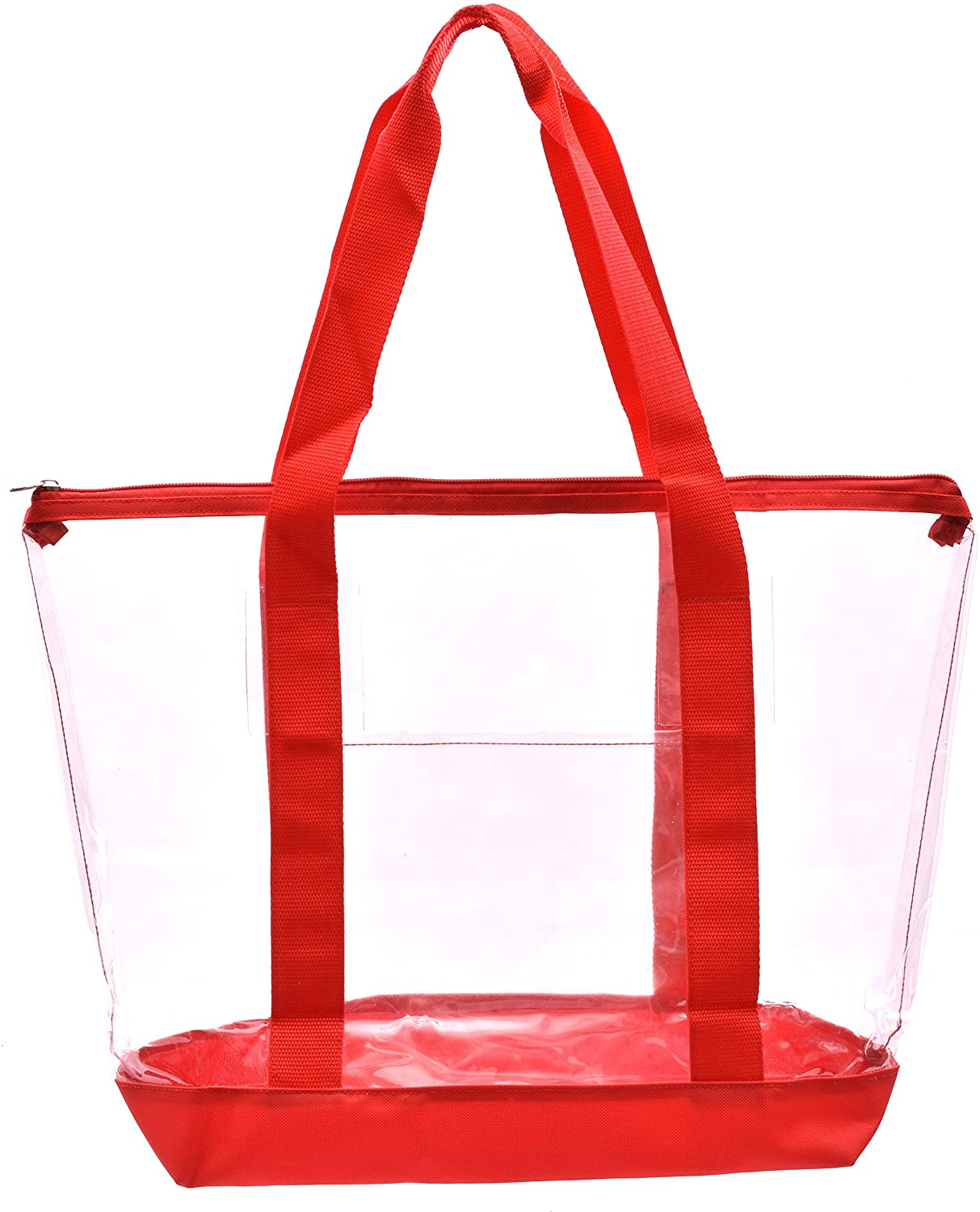 Price:$6.49    Clear Tote Bag - Zipper Closure, Long Shoulder Strap, Fabric Trimming. (Red)  Clothing