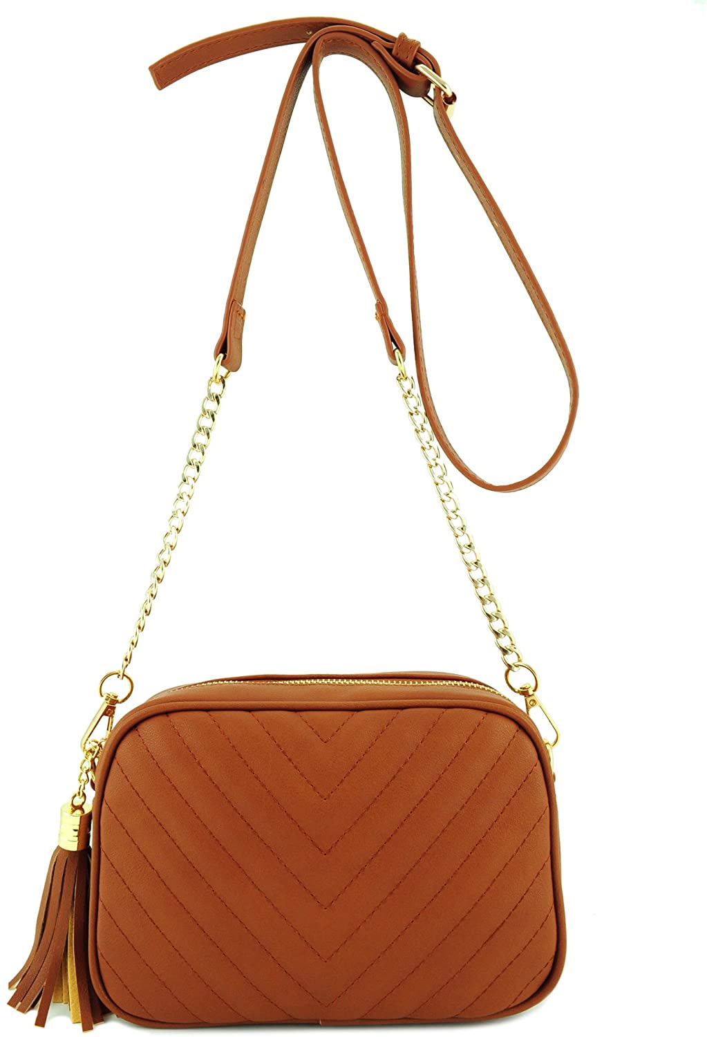 Price:$17.99 Simple Shoulder Bag Crosbody with Metal Chain Strap and Tassel Top Zipper Brown  Handbags   