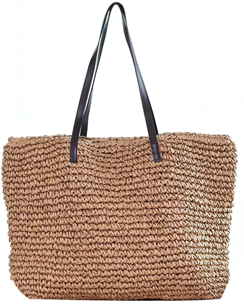 Price:$24.99 Obosoyo Women's Classic Straw Handbag Summer Beach Sea Shoulder Bag Large Tote (Style2-Light-Coffee)  Handbags   