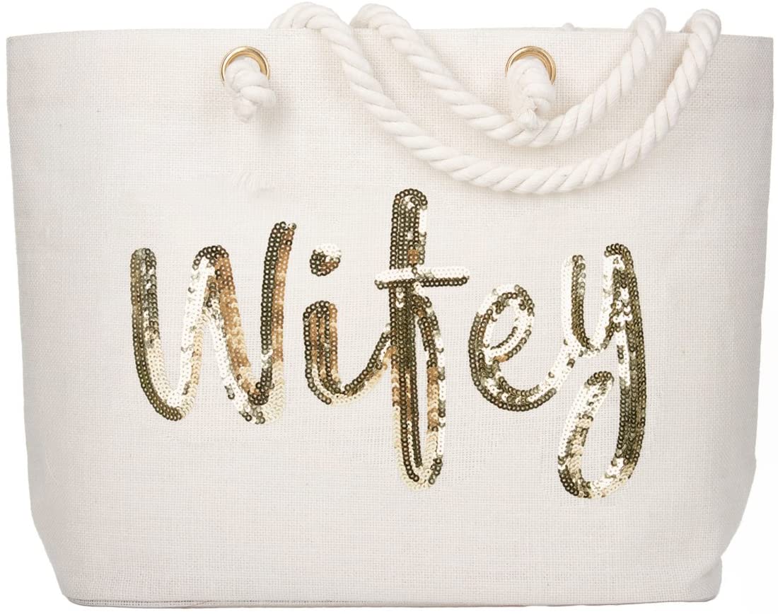 Price:$29.99    ElegantPark Wifey Wedding Bride Tote Bridal Shower Gift Interior Pocket White Jumbo Shoulder Bag with Gold Sequin 100% Jute  Clothing