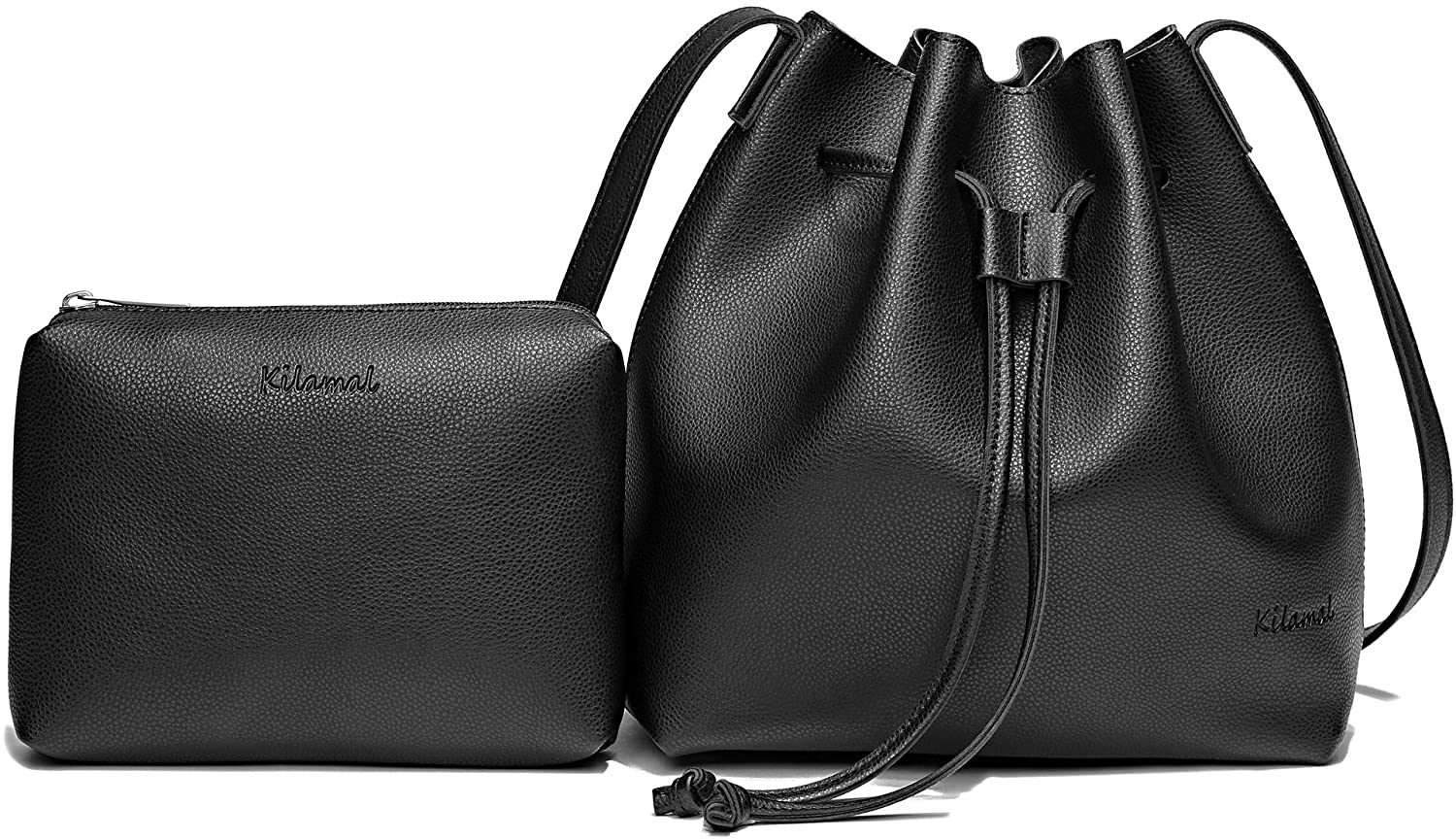 Price:$23.99 Bucket Bags for Women, Drawstring Bucket Purses 2 Pieces Sets Small Crossbody Purse with Cosmetic Makeup Bags(black)  Handbags   