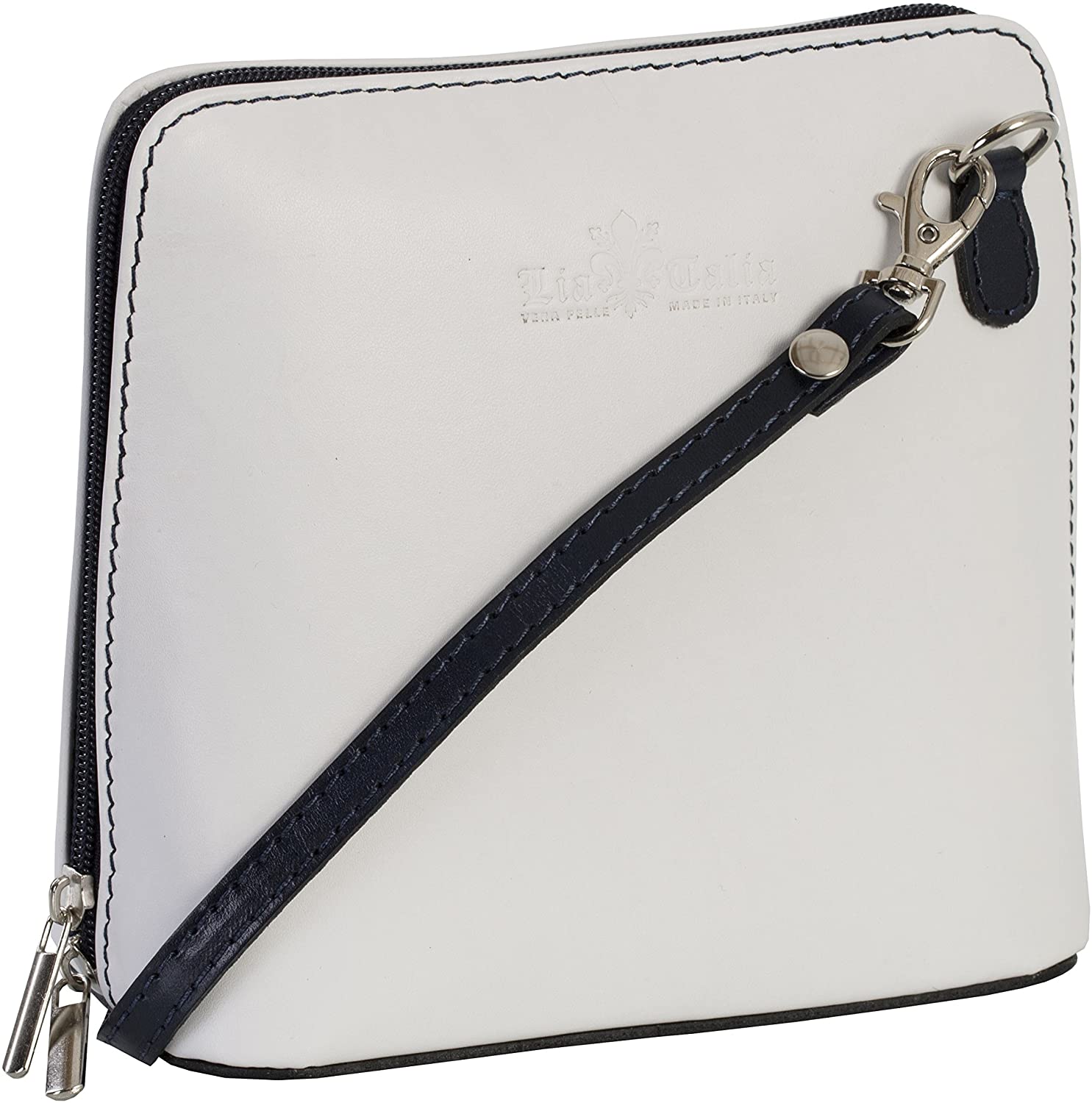 Price:$0.00    LiaTalia Genuine Vera Pelle Women Cross body Italian Leather Small Mini Shoulder Bag Handbag - ABBY [White Navy Trim]  Clothing