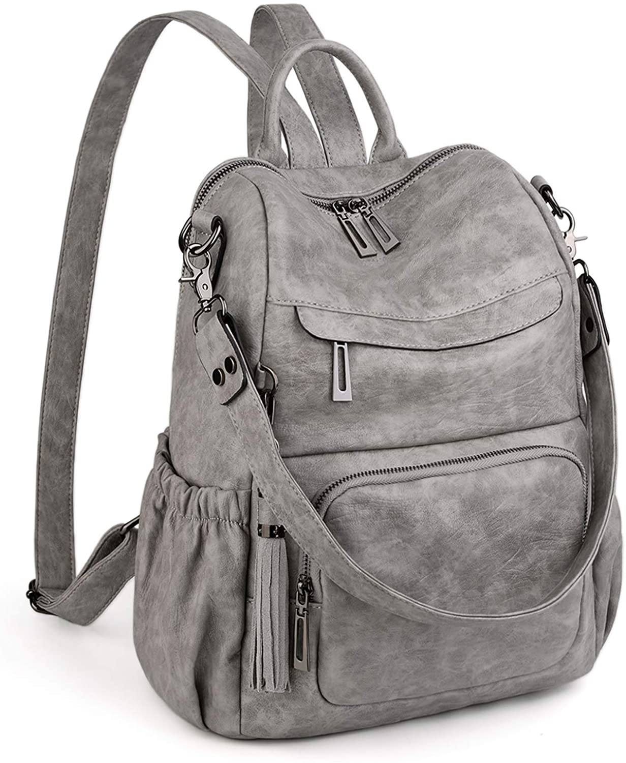 Price:$34.99    UTO Women Backpack Purse PU Leather Convertible Ladies Rucksack Tassel Zipper Pocket Shoulder Bag Light Grey  Clothing