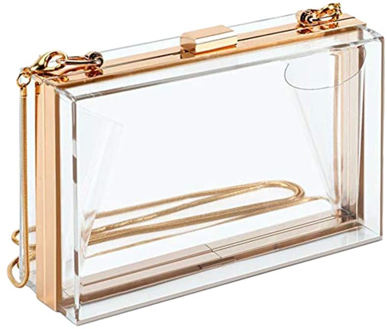 Price:$20.99    FENICAL Transparent Crossbody Bag Clear Acrylic Box Clutch Evening Shoulder Handbag Chain Purse For Women(Gold)  Clothing