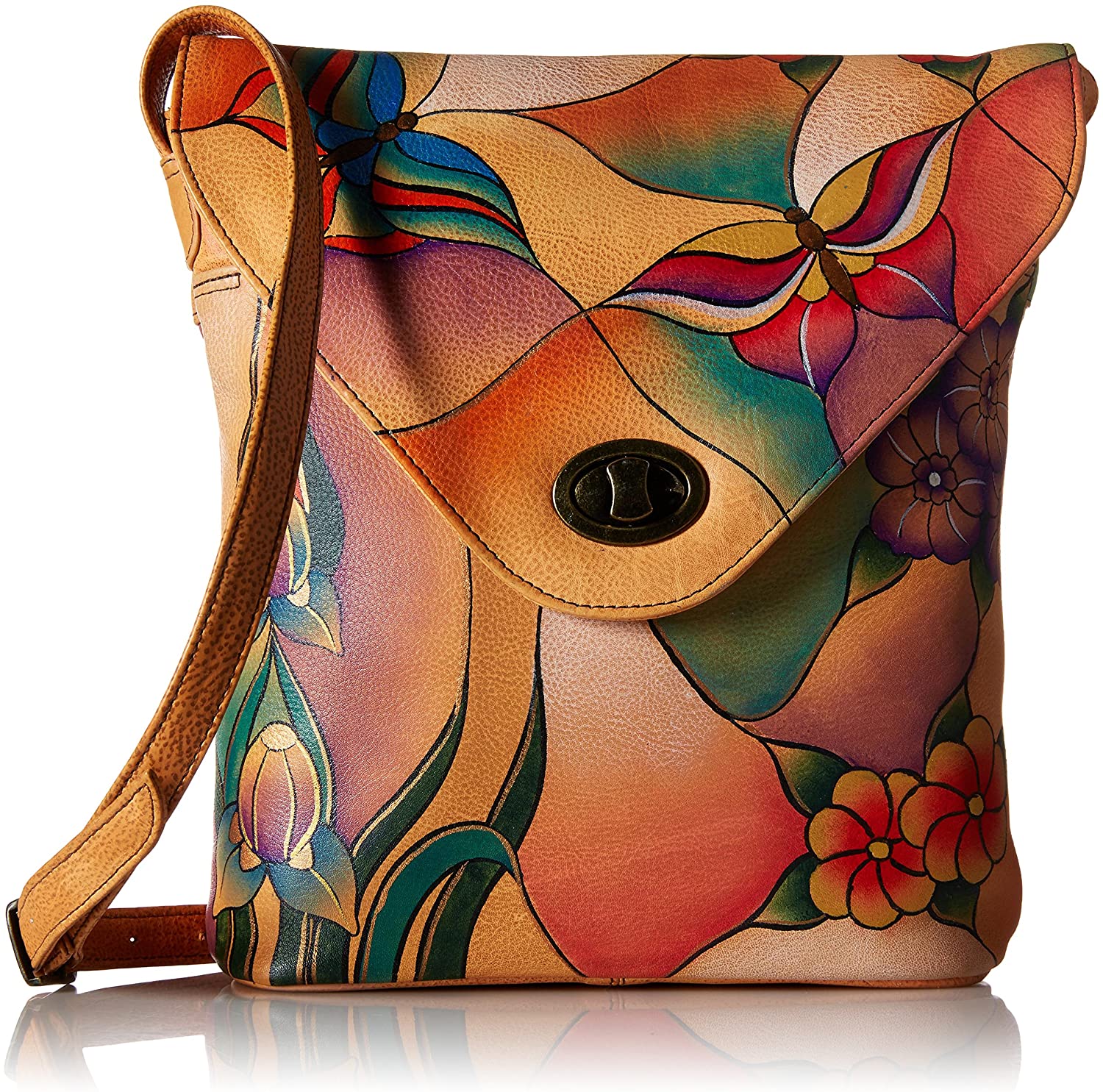 Price:$166.30 Anna by Anuschka Genuine Leather V-Shap Flap Cossbody Bag | Hand-Painted Original Artwork | Butterfly Glass Painting  Handbags   