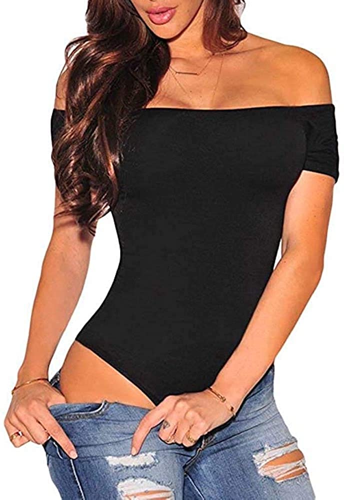 Price:$12.99 QUEENIE VISCONTI Women Off The Shoulder Top Short Sleeve Party Bodysuit Romper at Amazon Women’s Clothing store