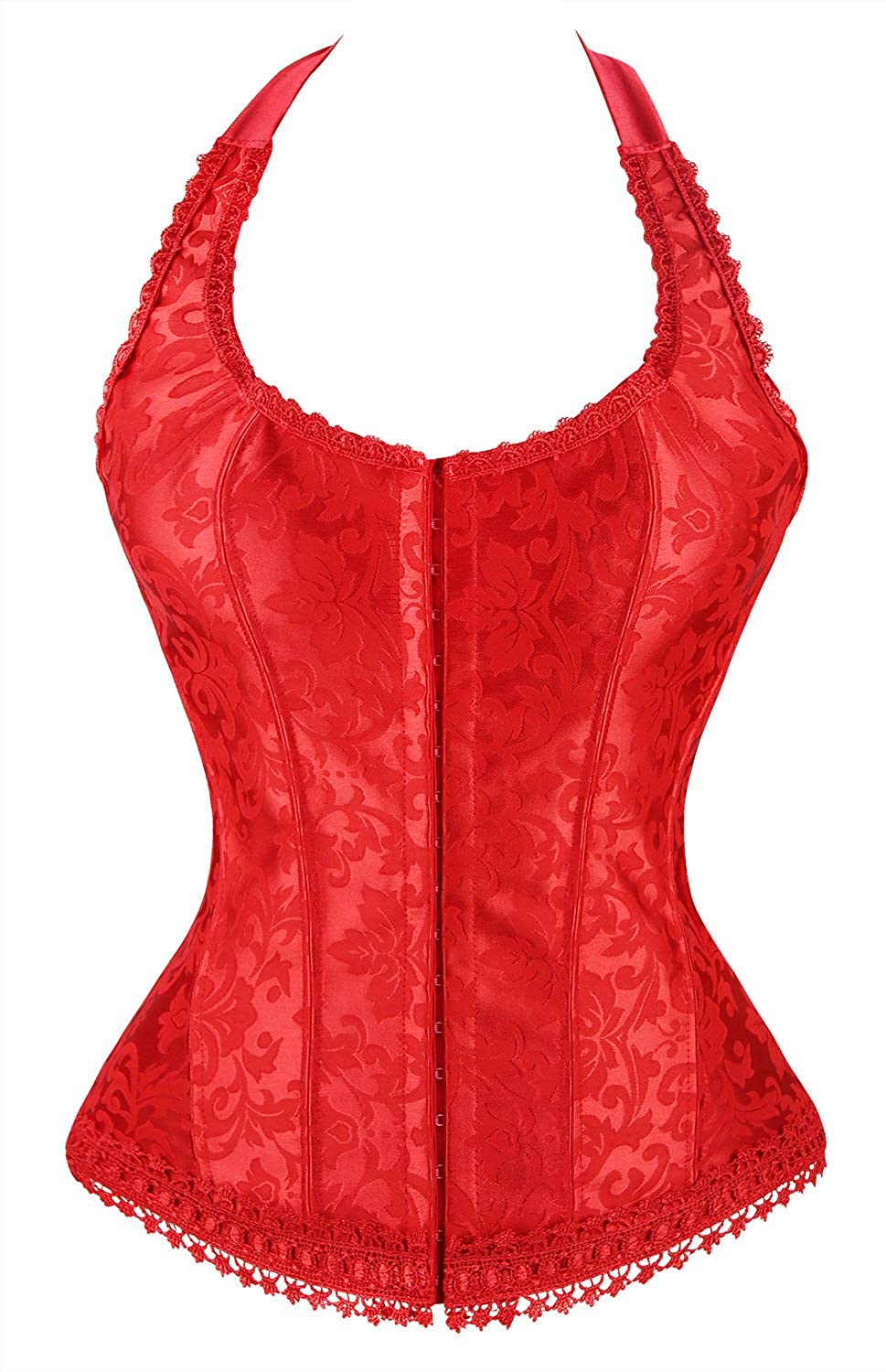 Price:$21.99 Kimring Women's Fashion Elegant Halter Satin Jacquard Lace Edge Corset at Amazon Women’s Clothing store