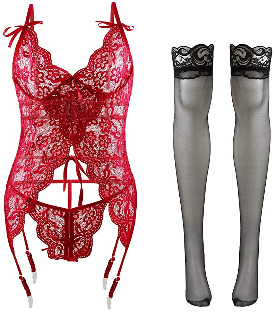 Price:$0.00 Women Sexy Lingerie Set with Garter Belts Stockings Lace Teddy Babydoll Bodysuit at Amazon Women’s Clothing store