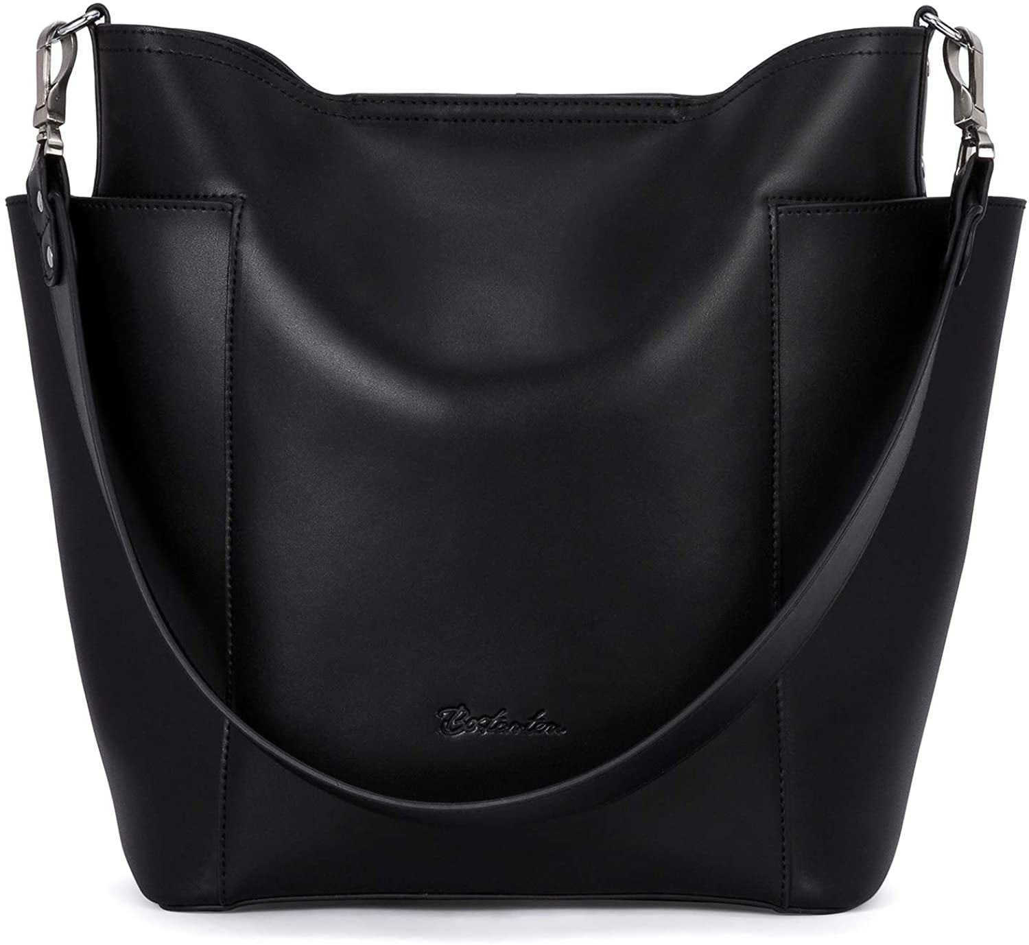 Price:$69.99    BOSTANTEN Genuine Leather Handbag Designer Hobo Shoulder Bucket Bags Tote Purses and Handbags Set with Clutch Purses Black  Clothing