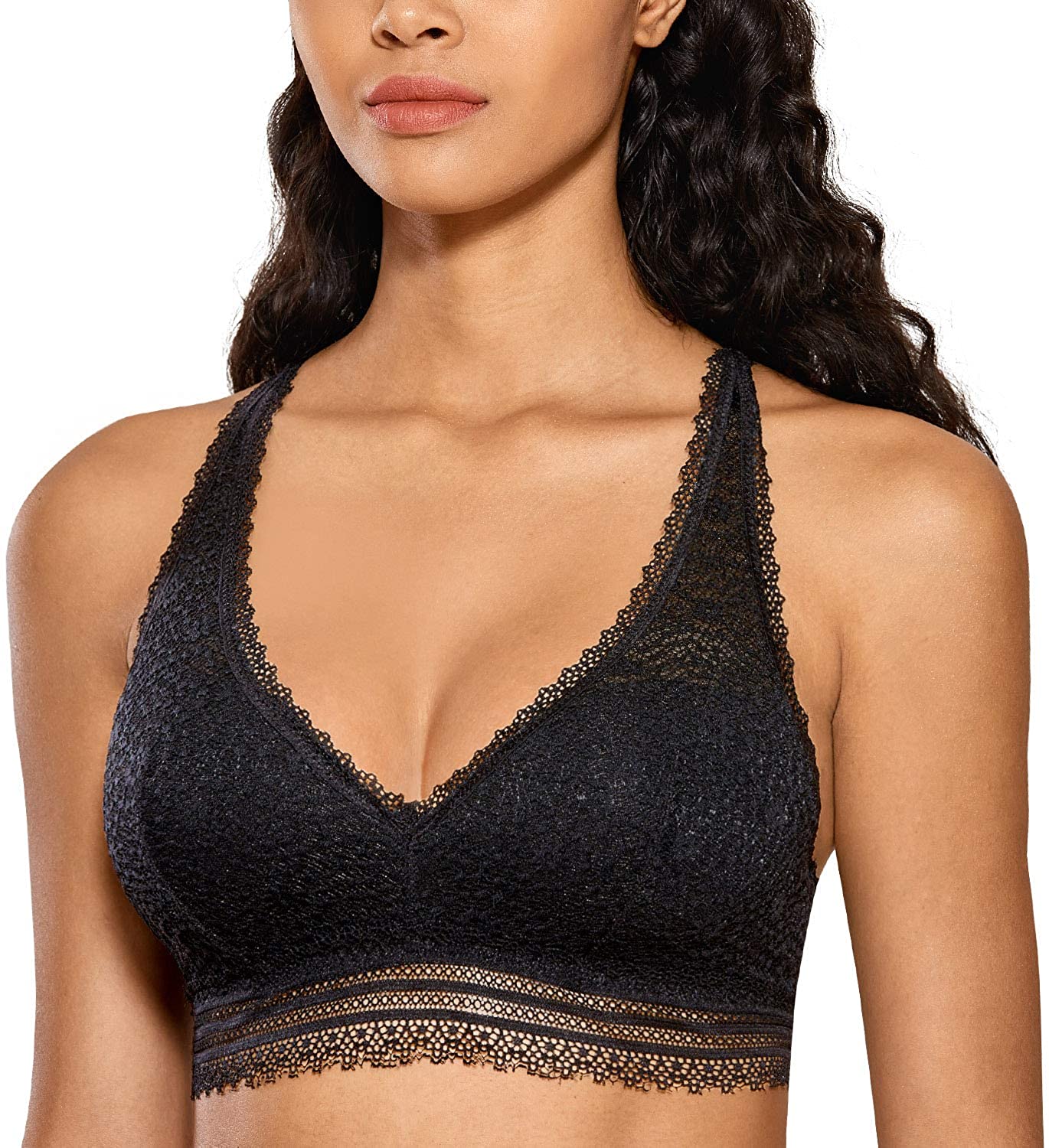 Price:$19.99 DOBREVA Women's Wire Free Deep V Lace Back Lightly Lined Soft Lace Bralette at Amazon Women’s Clothing store