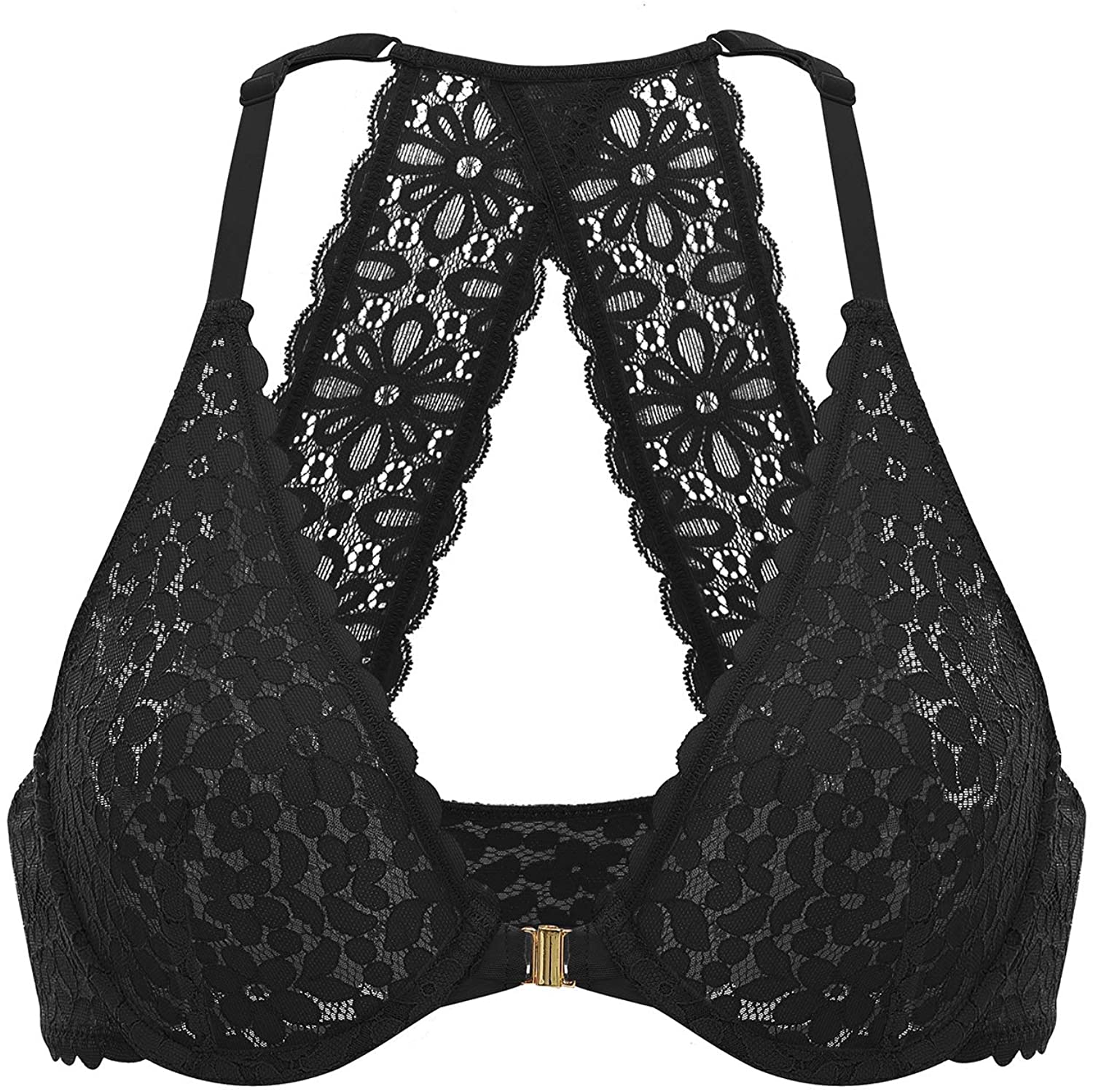Price:$19.99 DOBREVA Women's Lace Sexy Bra Racerback Unlined Underwire Front Closure Bralette at Amazon Women’s Clothing store
