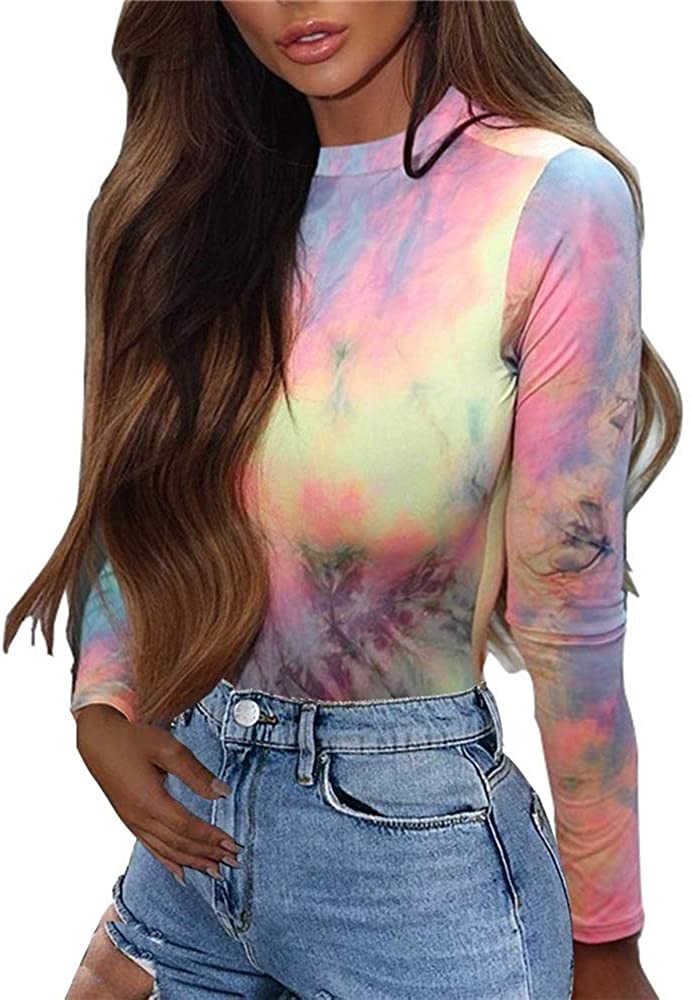 Price:$11.08 GEMBERA Women Tie Dye Rainbow Bodysuit Long Sleeve Mock Neck Bodysuit Clubwear Music Festival Clothing at Amazon Women’s Clothing store