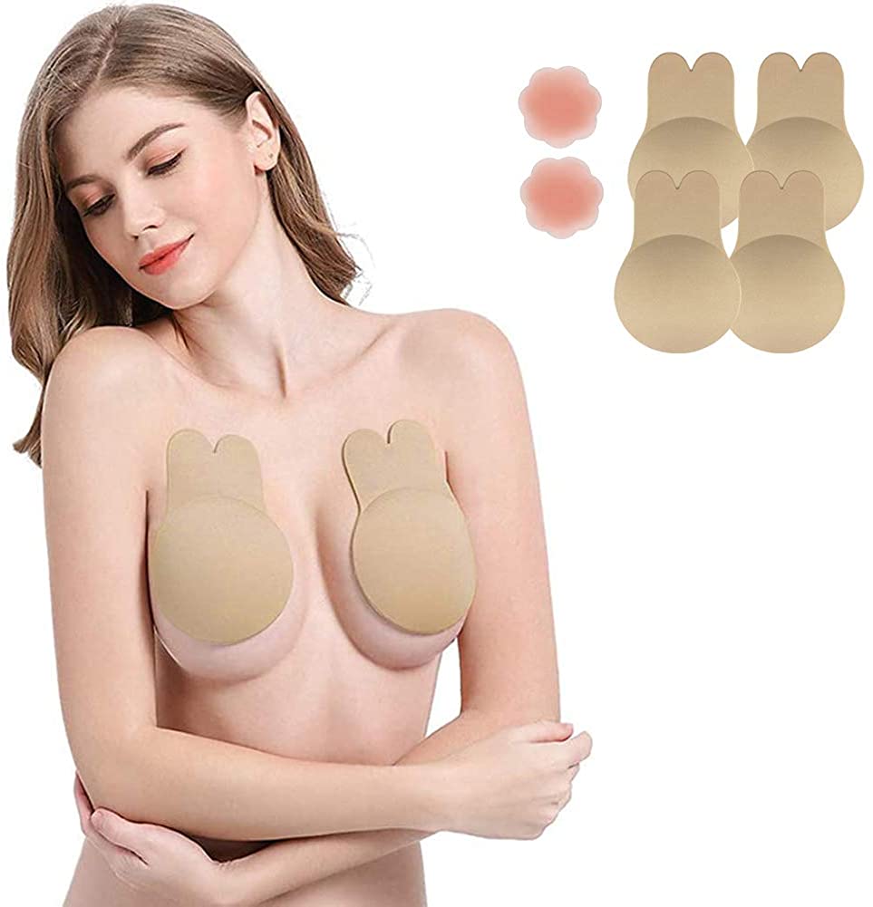 Price:$8.59 Adhesive Bra, Breast Lift Tape Breast Pasties Nipplecovers, Lift Up Tape Rabbit Ear Push Up Bra (2 Pairs) at Amazon Women’s Clothing store