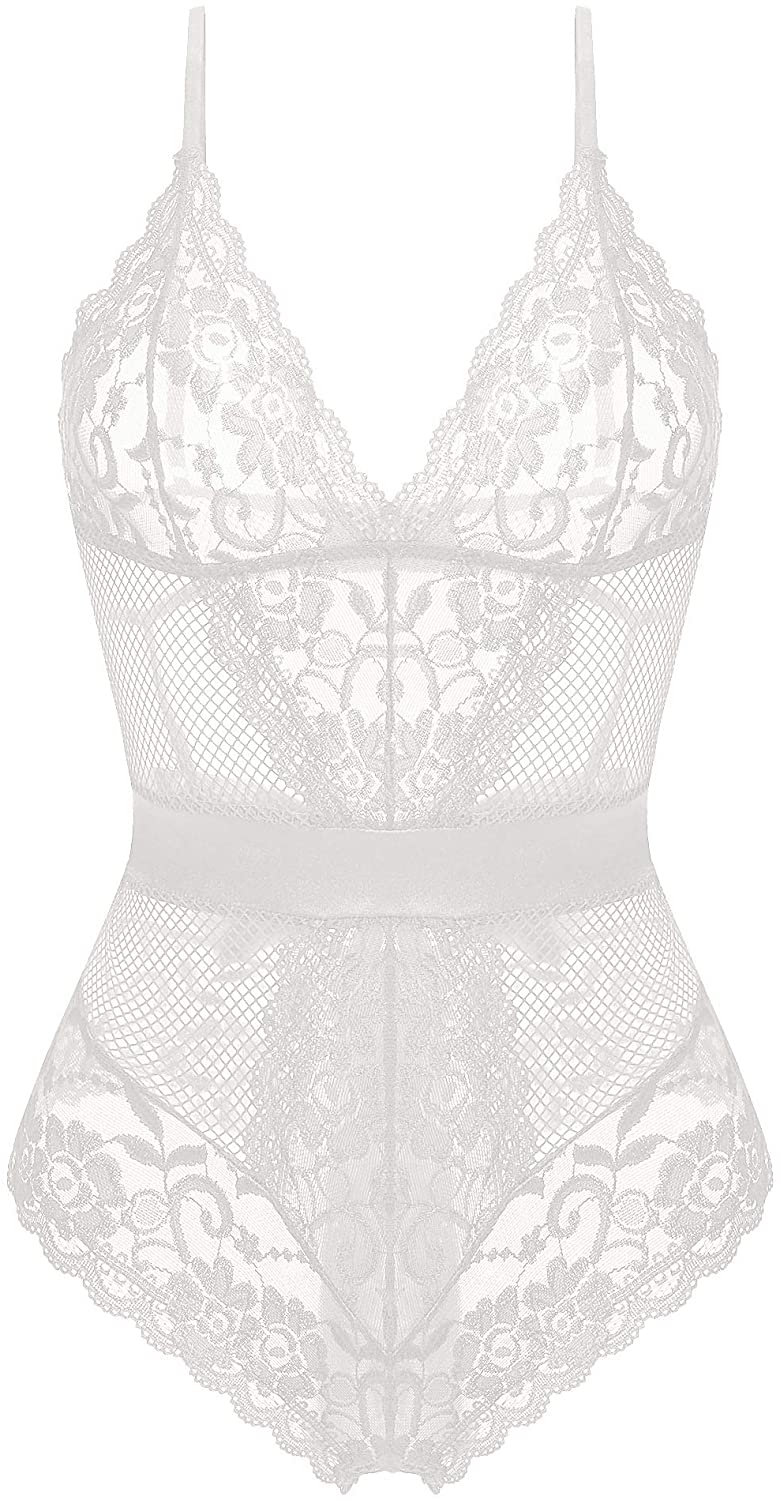 Price:$14.99 Women Lingerie Bodysuit One Piece Lace Cups Halter Teddy Mesh Babydoll White L at Amazon Women’s Clothing store