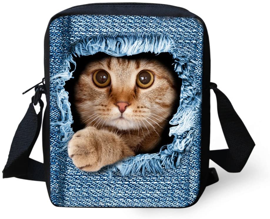 Price:$0.00    UNICEU Fashion Denim Blue Cat Messenger Cross Body Shoulder Bag Small Pouch Casual Handbag  Clothing