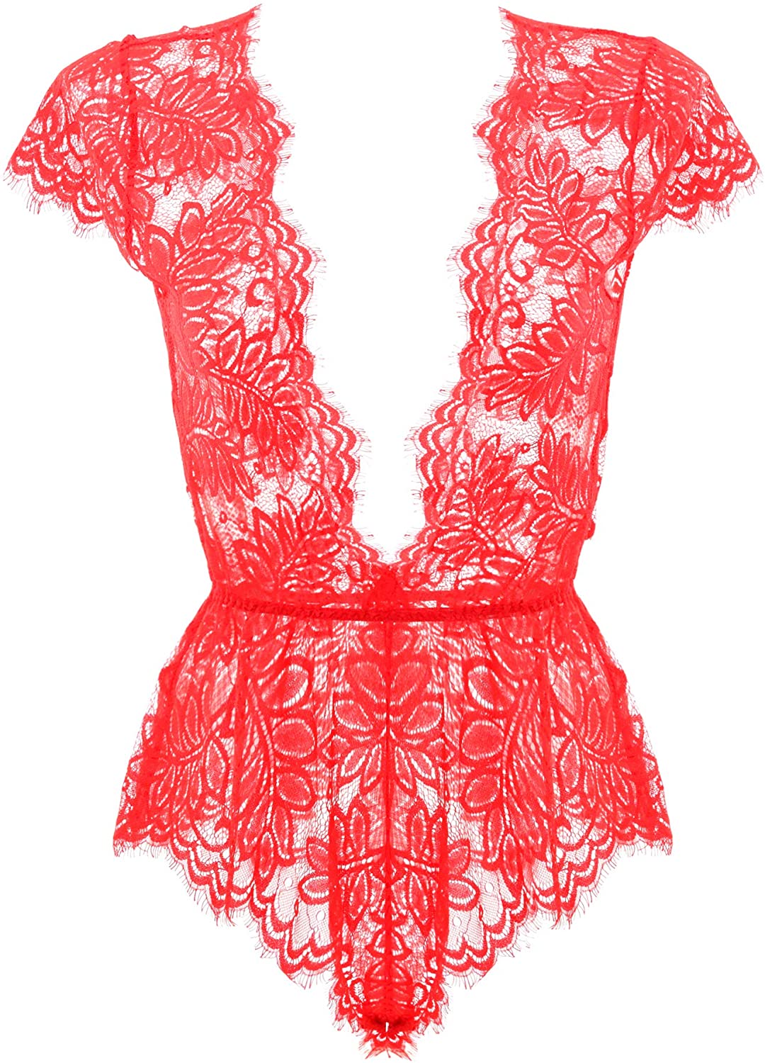 Price:$16.59 Anyou Womens Lingerie V Neck Lace Bodysuit Mini Babydoll Features Plunging Eyelash L-Red at Amazon Women’s Clothing store