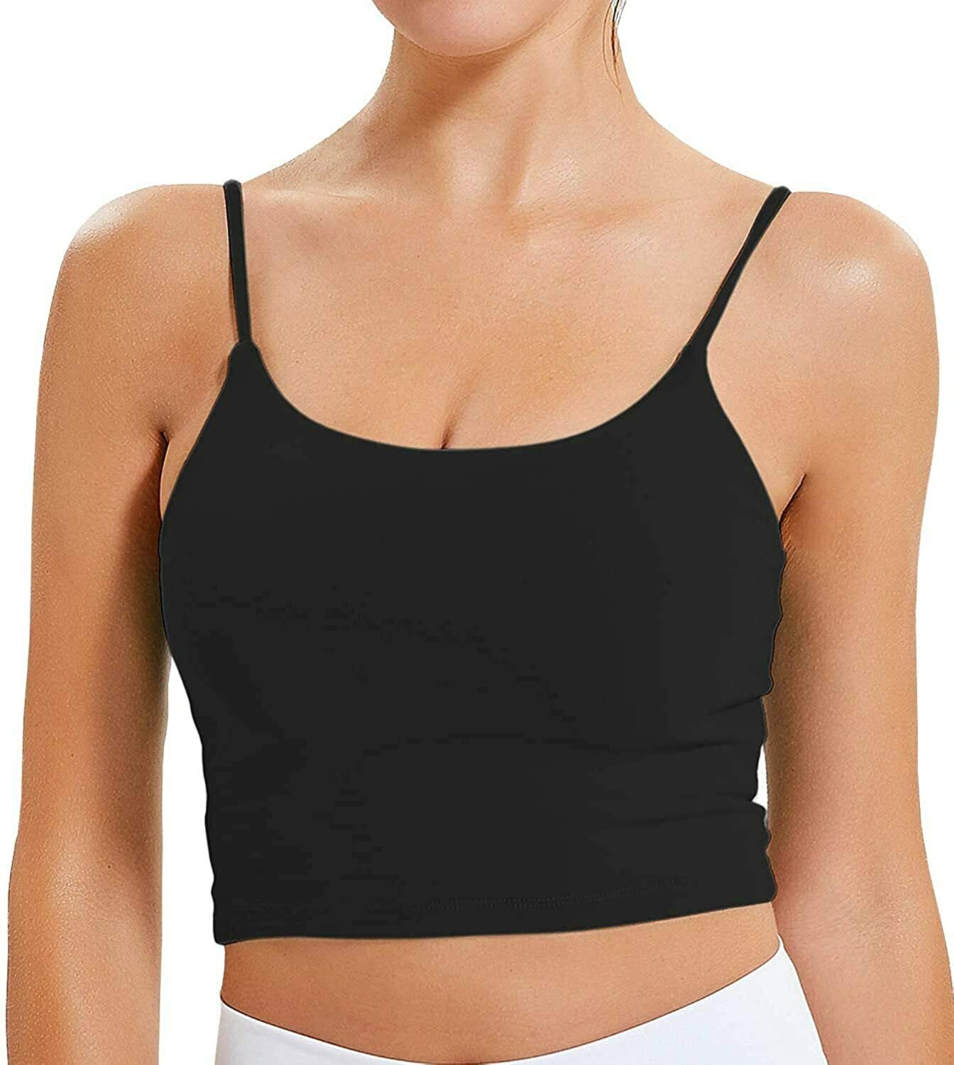 Price:$13.99 Promover Padded Sports Bra Strappy Crop Tops with Built-in Bra Workout Running Longline Yoga Bralette at Amazon Women’s Clothing store