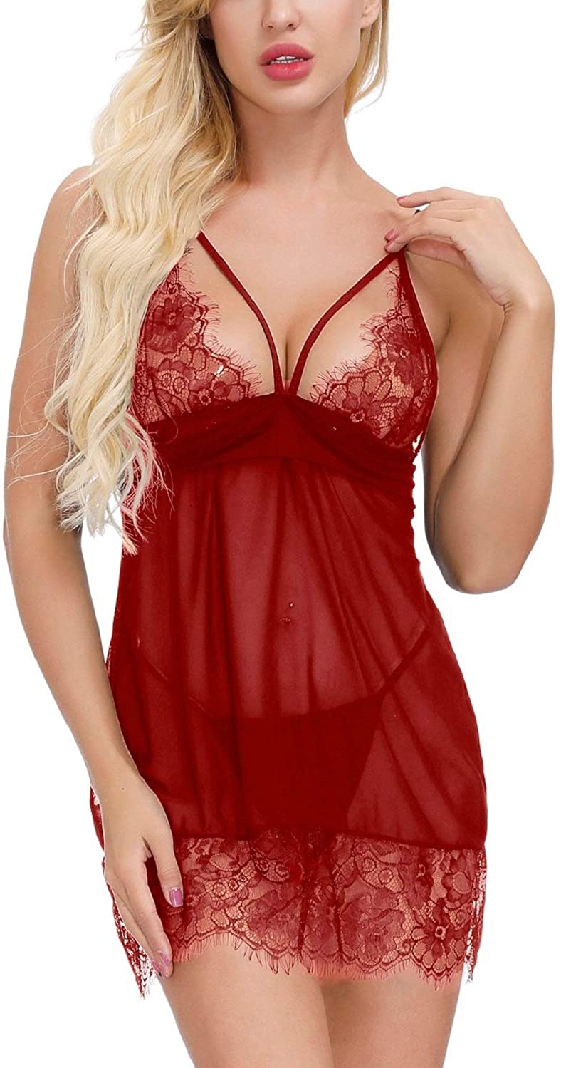 Price:$13.98 DLMFSO Sexy Lingerie for Women Babydoll Sleepwear Lace V Neck Chemise (S, Wine Red) at Amazon Women’s Clothing store