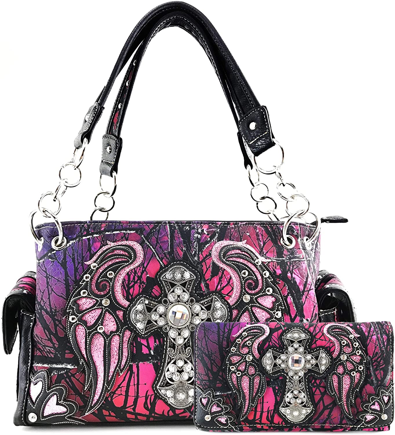 Price:$59.65 Justin West Camouflage Tree Branches Bling Rhinestone Cross Wings Handbag Purse Messenger Bags and Wallet Purple Wing  Handbags   