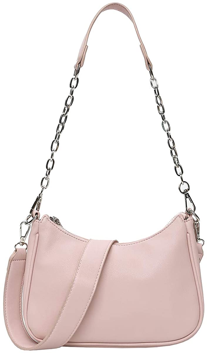 Price:$28.90 HORSE&TIGER Simple Shoulder Bag for Women, Leather Clutch Crossbody Bag Messenger Handbag With Chain Strap (Pink)  Handbags   