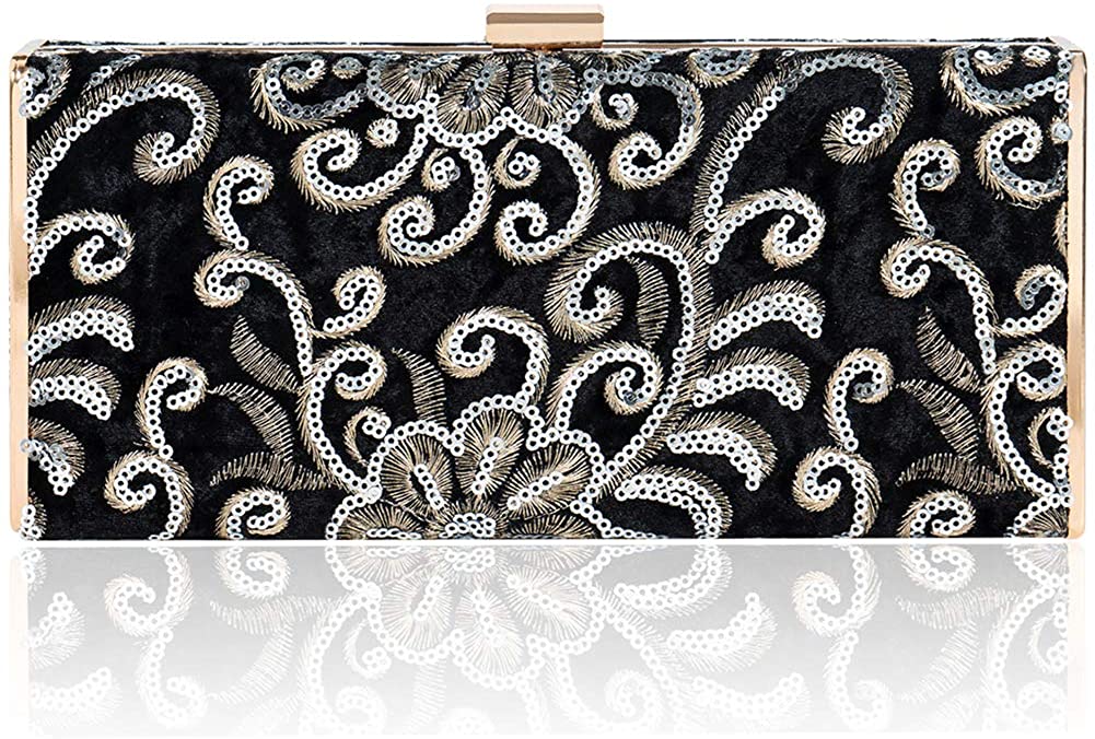 Price:$21.99 Womens Retro Clutch Evening Bag Gold Thread Embroidery Velvet Shining Sequin Handbag Shoulder Bag Purse (Black)  Handbags   