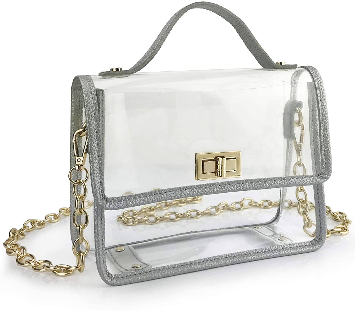 Price:$18.90 Clear Womens Shoulder Handbag Chain Cross Body Bag Purse for Stadium Approved (Silver)  Handbags   