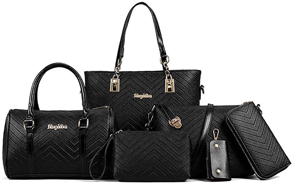 Price:$0.00 Women Handbags Set 6 Pcs PU Leather Top Handle Purse Shoulder Bag Purse Wallet Crossbody Bag Set, Black  Handbags   