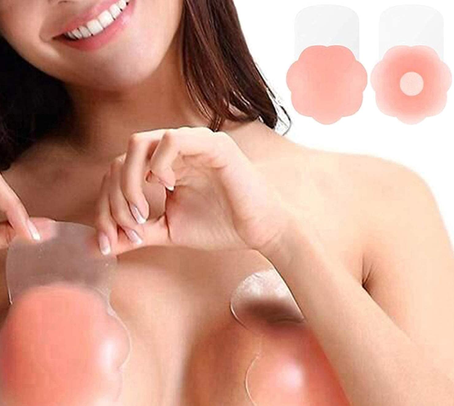 Price:$9.99 Adhesive Bra, Breast Lift Tape Silicone Push Up Nipple Covers with Cotton Cover at Amazon Women’s Clothing store