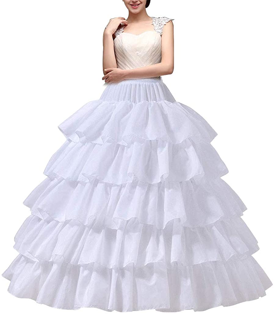 Price:$21.99 YULUOSHA Women's Crinoline Petticoat 4 Hoop Skirt 5 Ruffles Layers Ball Gown Half Slips Underskirt for Wedding Bridal Dress (White) at Amazon Women’s Clothing store