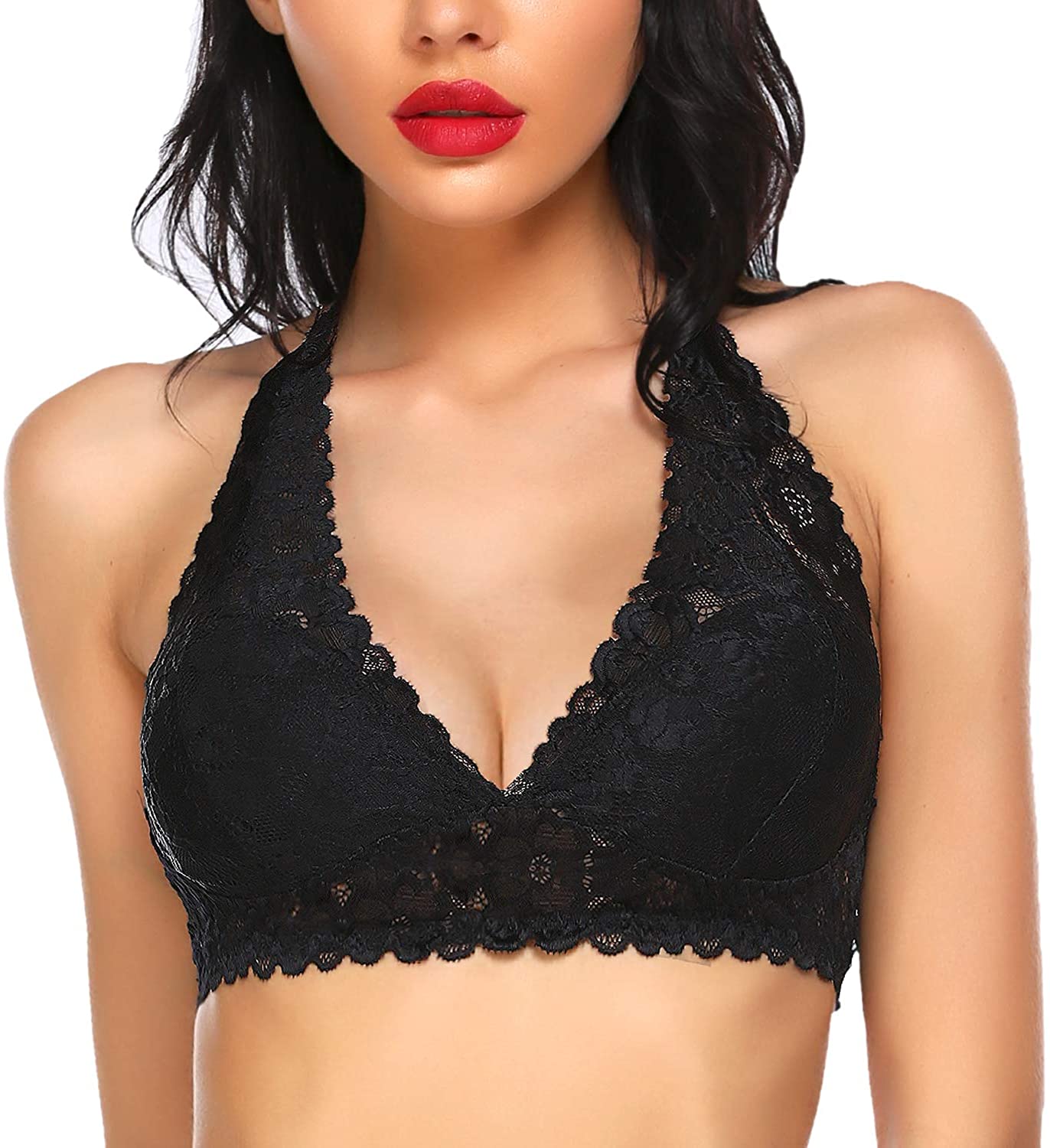 Price:$17.99 Avidlove Sexy Sleep Underwear for Women Unpadded Bralettes Wireless Cami Bralettes Lace Halter Bra A-D Cups at Amazon Women’s Clothing store