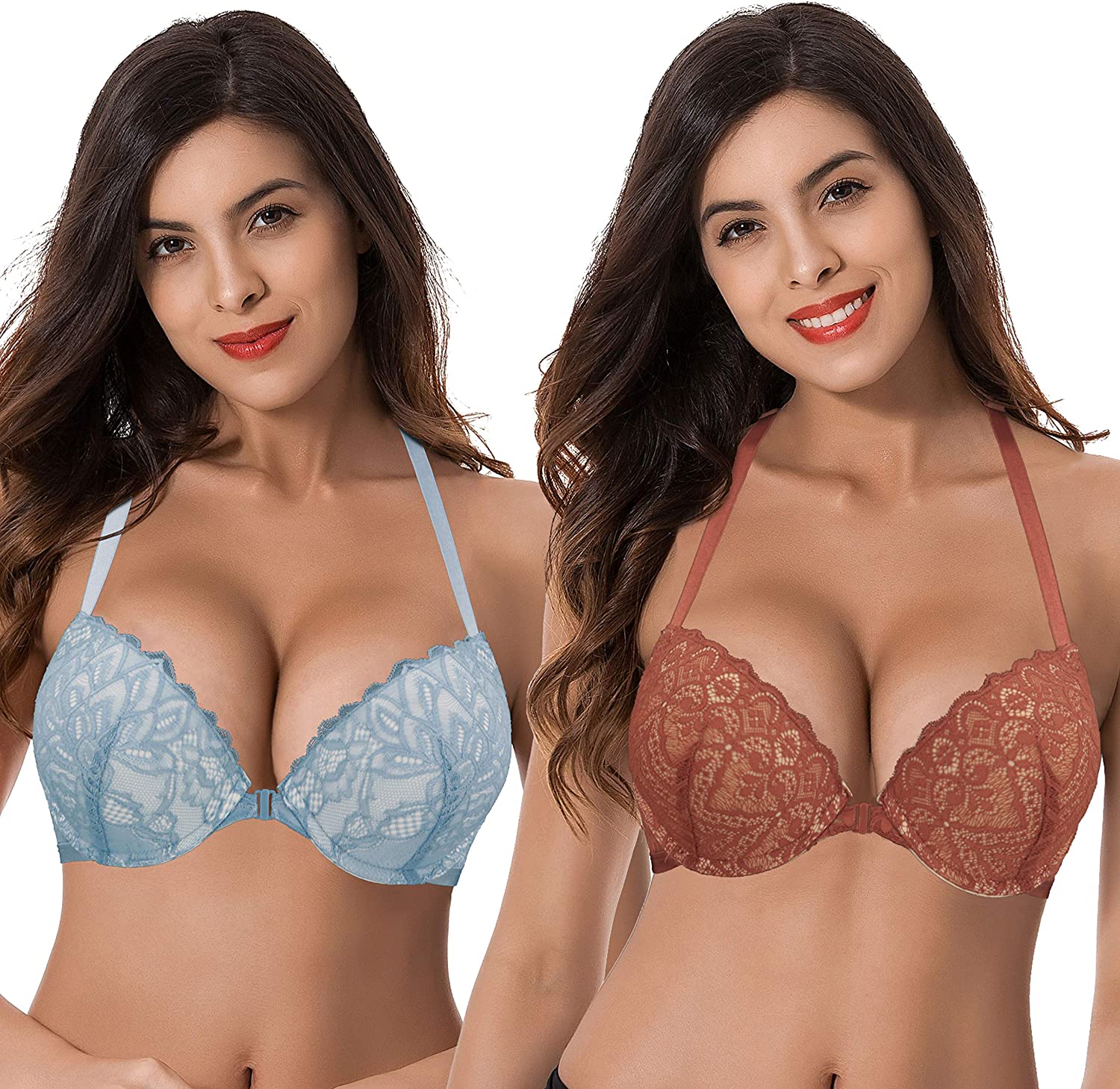Price:$31.99 Curve Muse Womens Push Up Add 1 and a Half Cup Underwire Halter Front Close Bras -2PK-LT Blue, RUST-40DD at Amazon Women’s Clothing store