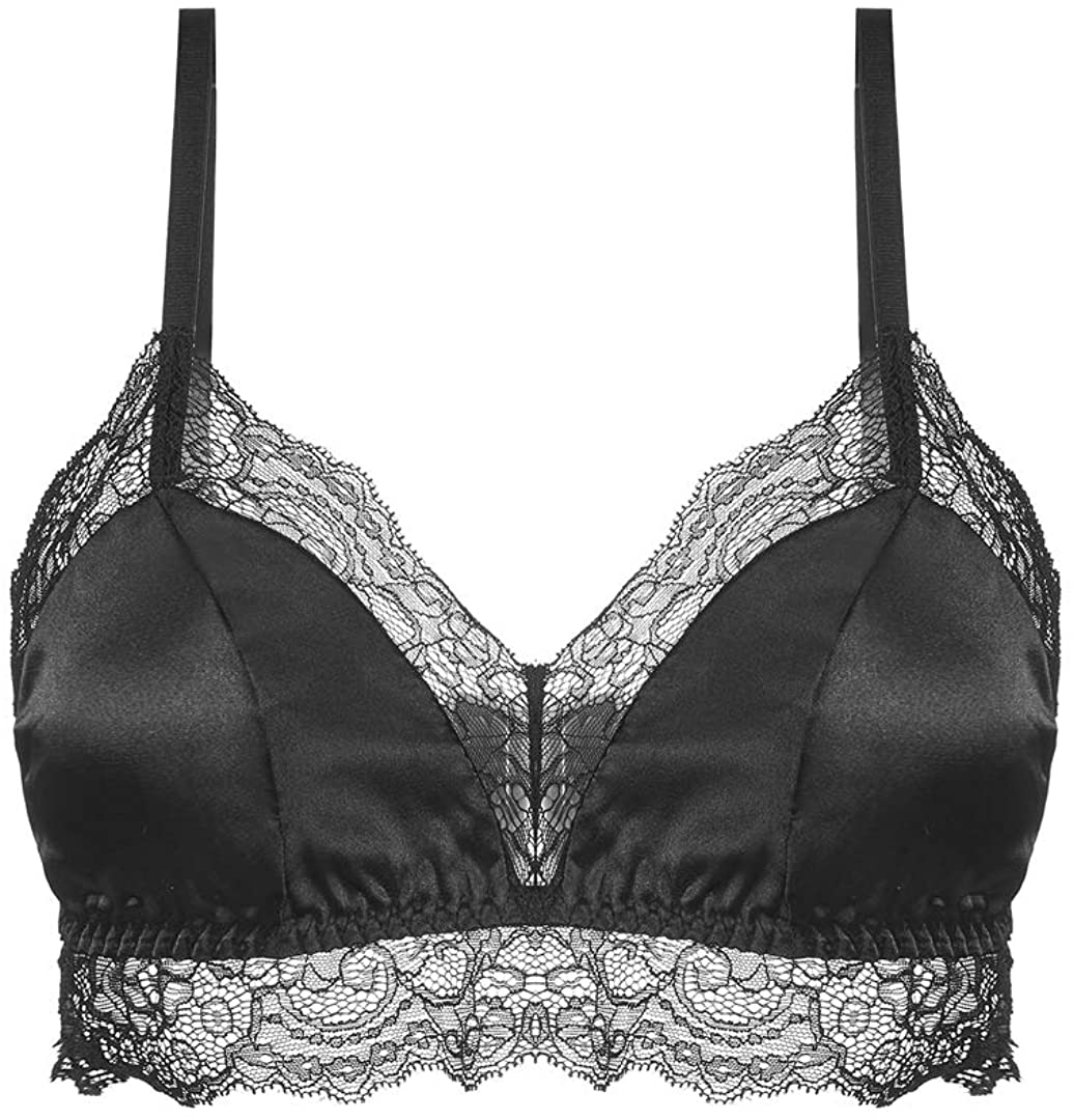 Price:$19.99 SilRiver Women's Satin Bralette Tops Silk Wirefree Bra Lace Cami Bra with Removable Pads at Amazon Women’s Clothing store