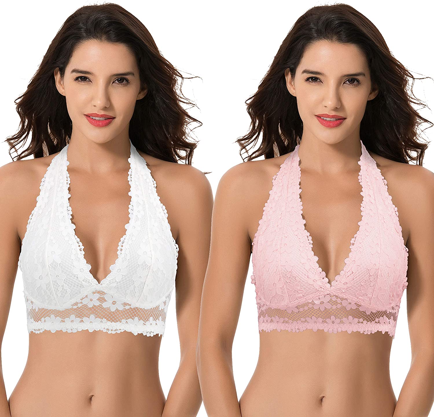 Price:$23.99 Curve Muse Plunge Bralette with Floral Lace-2pack-PINK, White-L at Amazon Women’s Clothing store