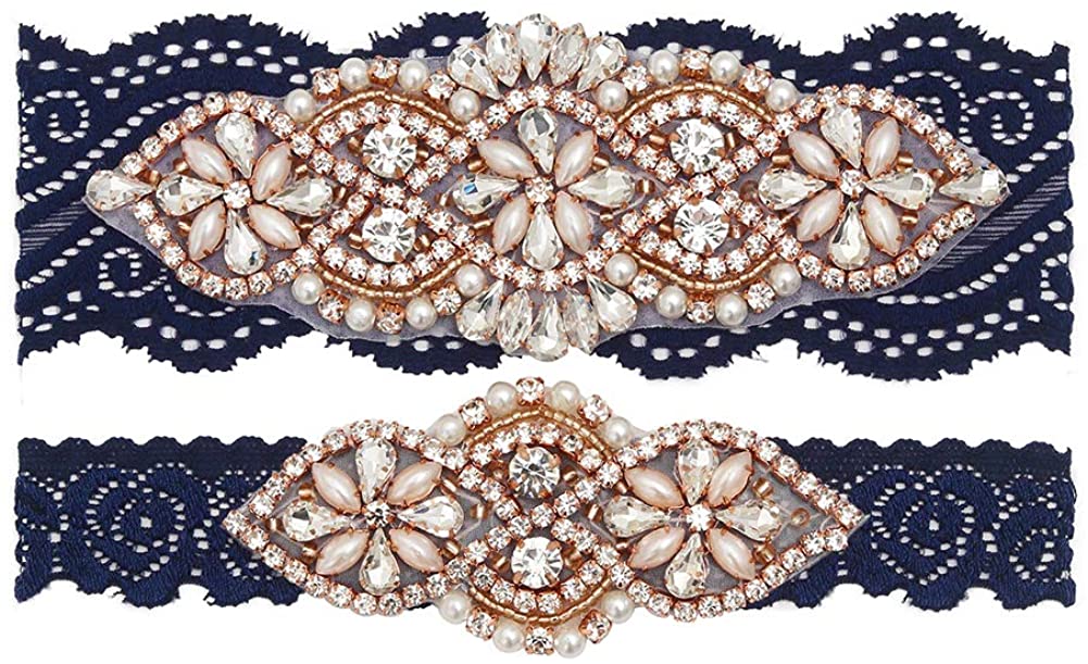 Price:$16.99    yanstar Wedding Bridal Garter Set Champagne Stretch Lace with Silver Rhinestone Clear Crystal Pearl for Prom Bridesmaid Dress  Clothing
