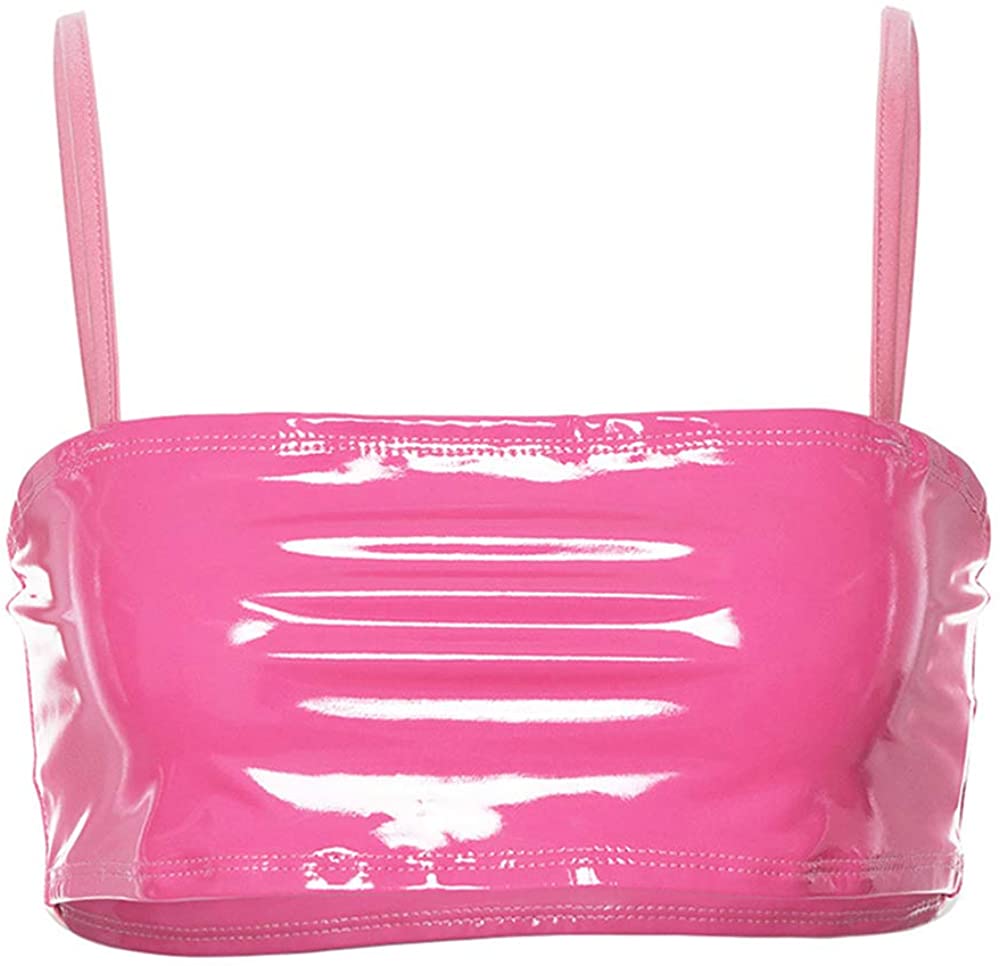 Price:$12.99 Women Rave Festival Neon PU Leather Crop Tops Spaghetti Straps Tube Top for Club Party at Amazon Women’s Clothing store