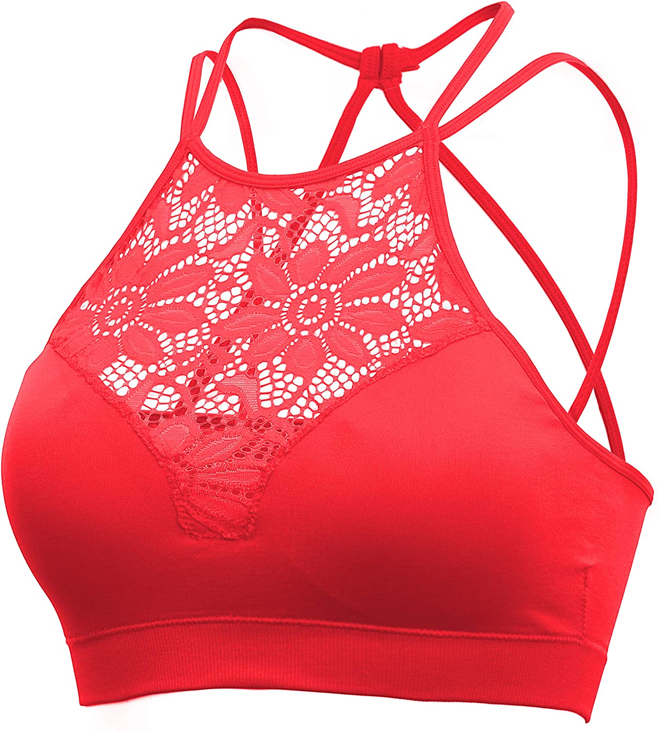 Price:$13.85 Womens Every Day High Neck Lace Halter Cutout Bralette with Bra Pads Back Strap at Amazon Women’s Clothing store