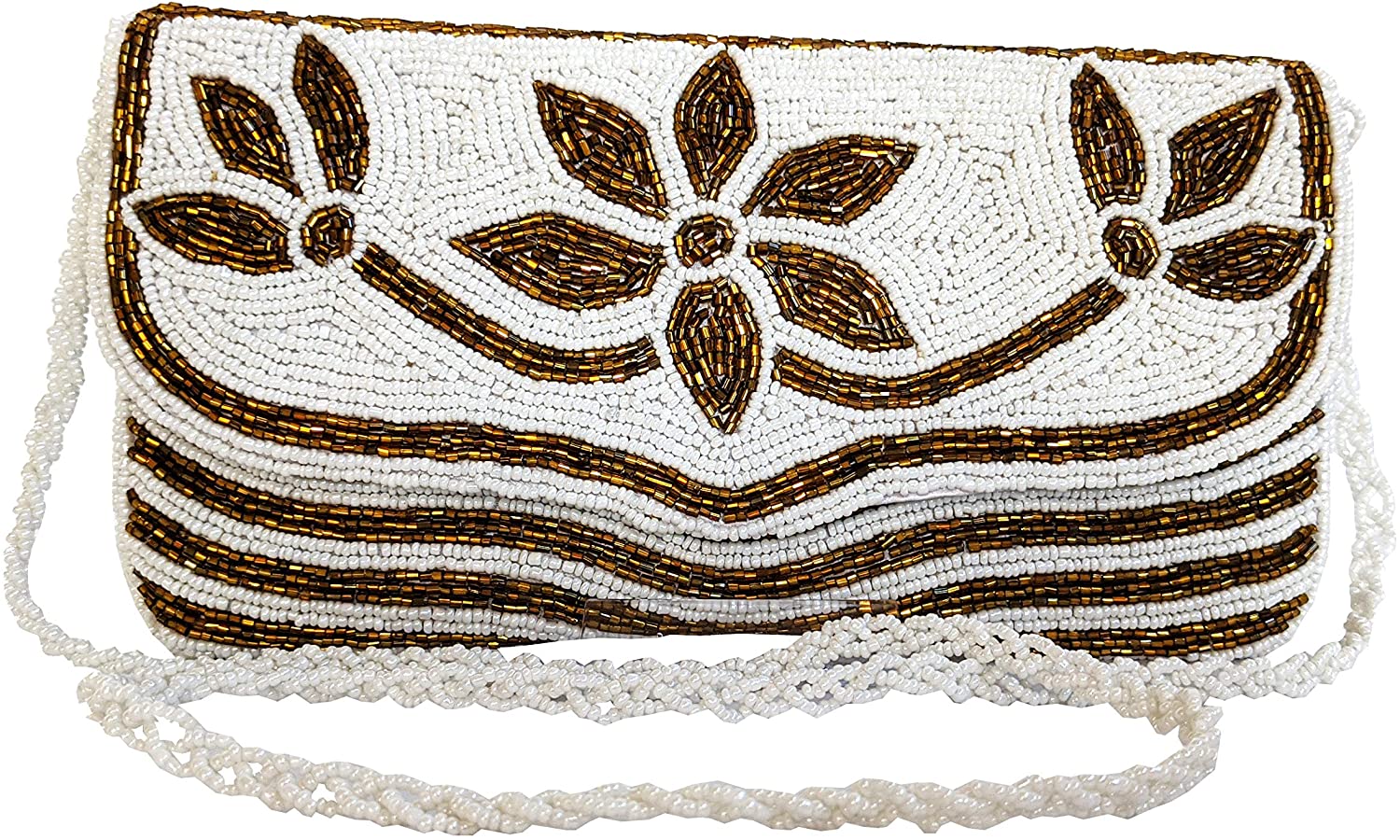 Price:$19.99 Women Handmade Beadwork Evening Purse, Evening Bag, Shoulder Bag with Shoulder Strap (White and Copper)  Handbags   