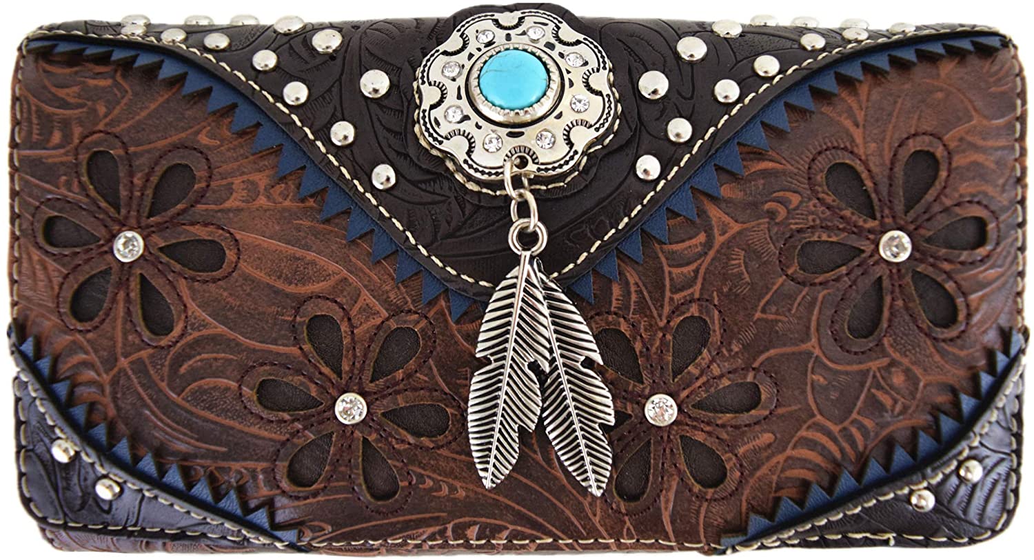 Price:$21.95 Western Feather Tooled Leather Laser Cut Purse Single Shoulder Bag Clutch Women Blocking Wristlets Wallet (Coffee)  Handbags   