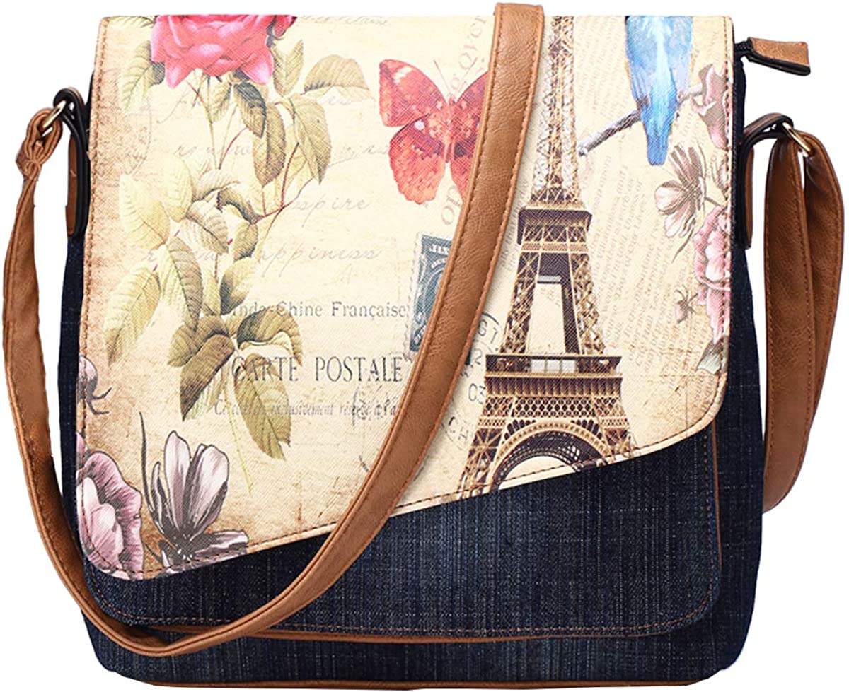Price:$23.99 Shoulder Bag for Women Purse Demin Crossbody Bag Eiffel Tower Print Messenger Bag with Adjustable Strap (brown)  Handbags   