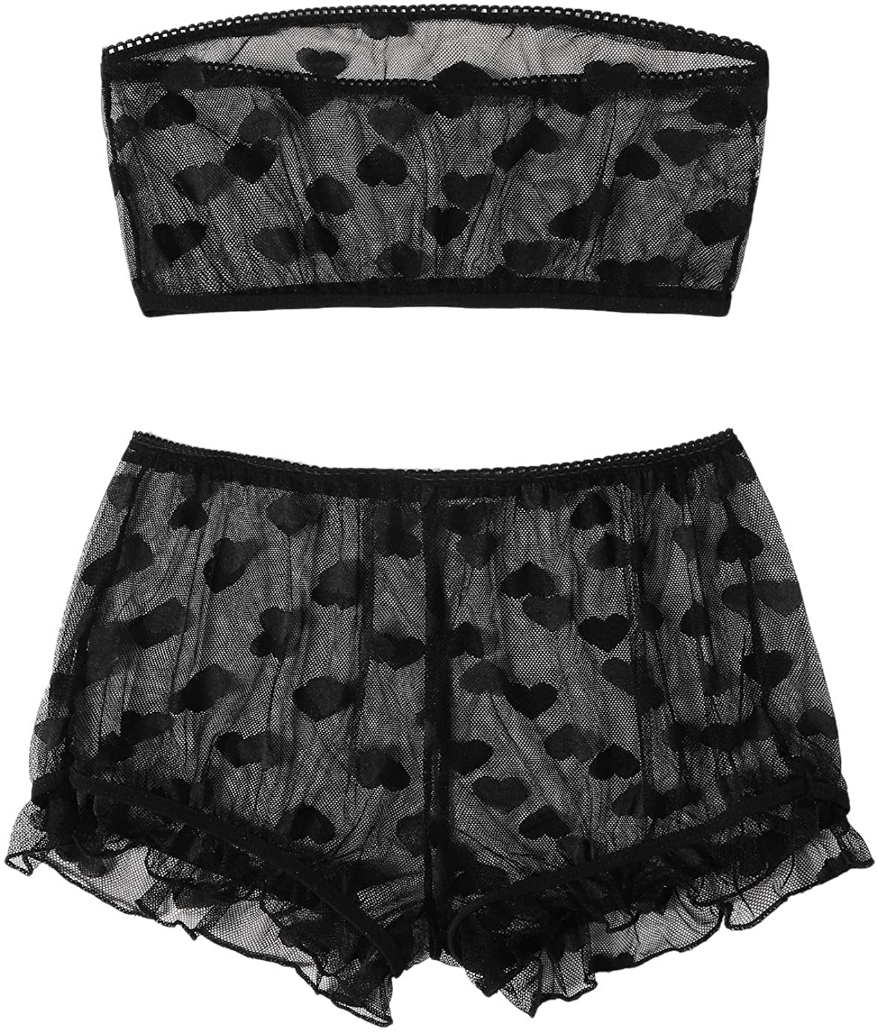 Price:$16.99 SOLY HUX Women's 3 Piece Heart Print Sheer Bandeau with Shorts & Thong Lingerie Set Black M |  
