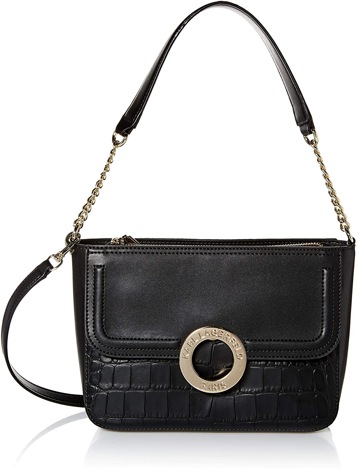 Price:$174.98 Karl Lagerfeld Paris Clarise Croco Shoulder Bag, Black/Gold  Handbags   