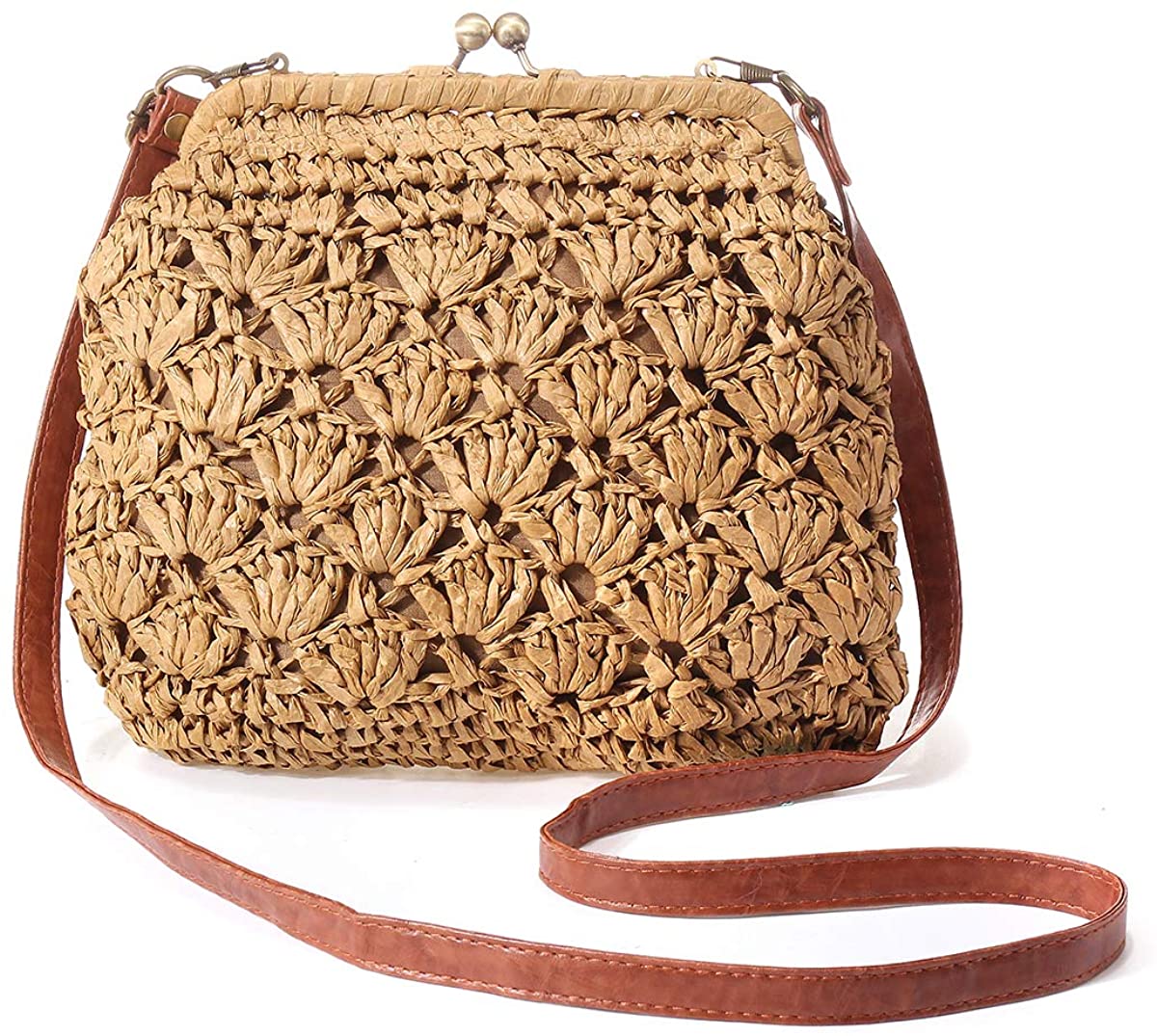 Price:$19.99 Vintage Kiss Lock Bag, JOSEKO Women Straw Crossbody Bag Casual Shoulder Handbag Evening Clutch Purse Summer Beach Party Khaki Medium  Handbags   
